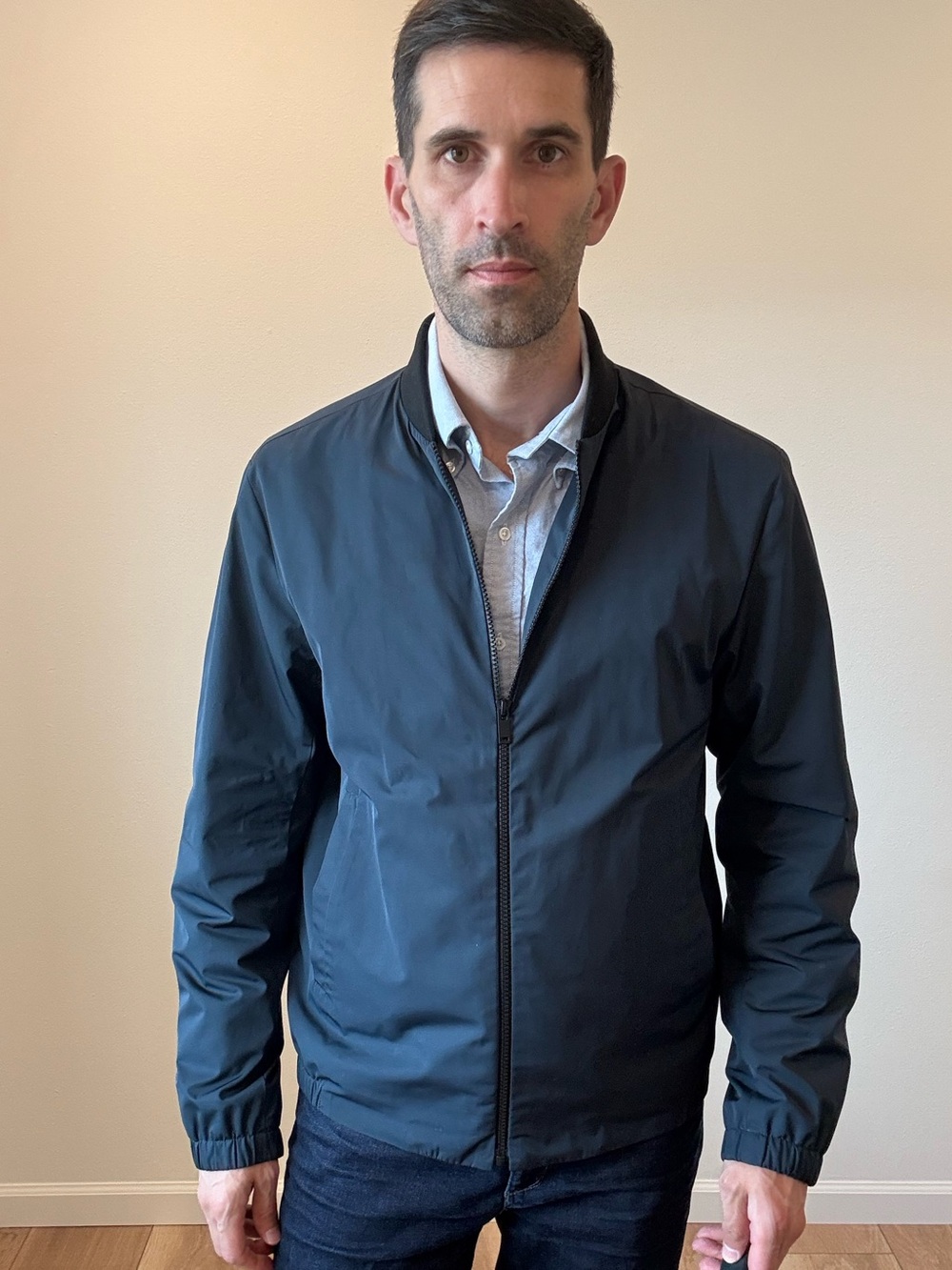 Theory Minimalist Lightweight Poly Bomber Jacket Medium Navy Blue Full Zip - Picture 3 of 5